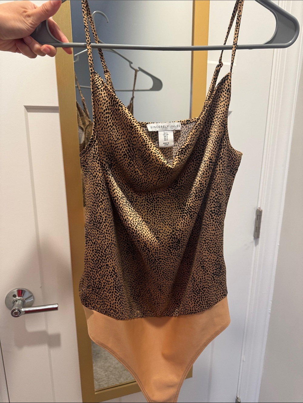 Sincerly Jules Leopard-Print Satin Cowl Neck Bodysuit in Tan and Black